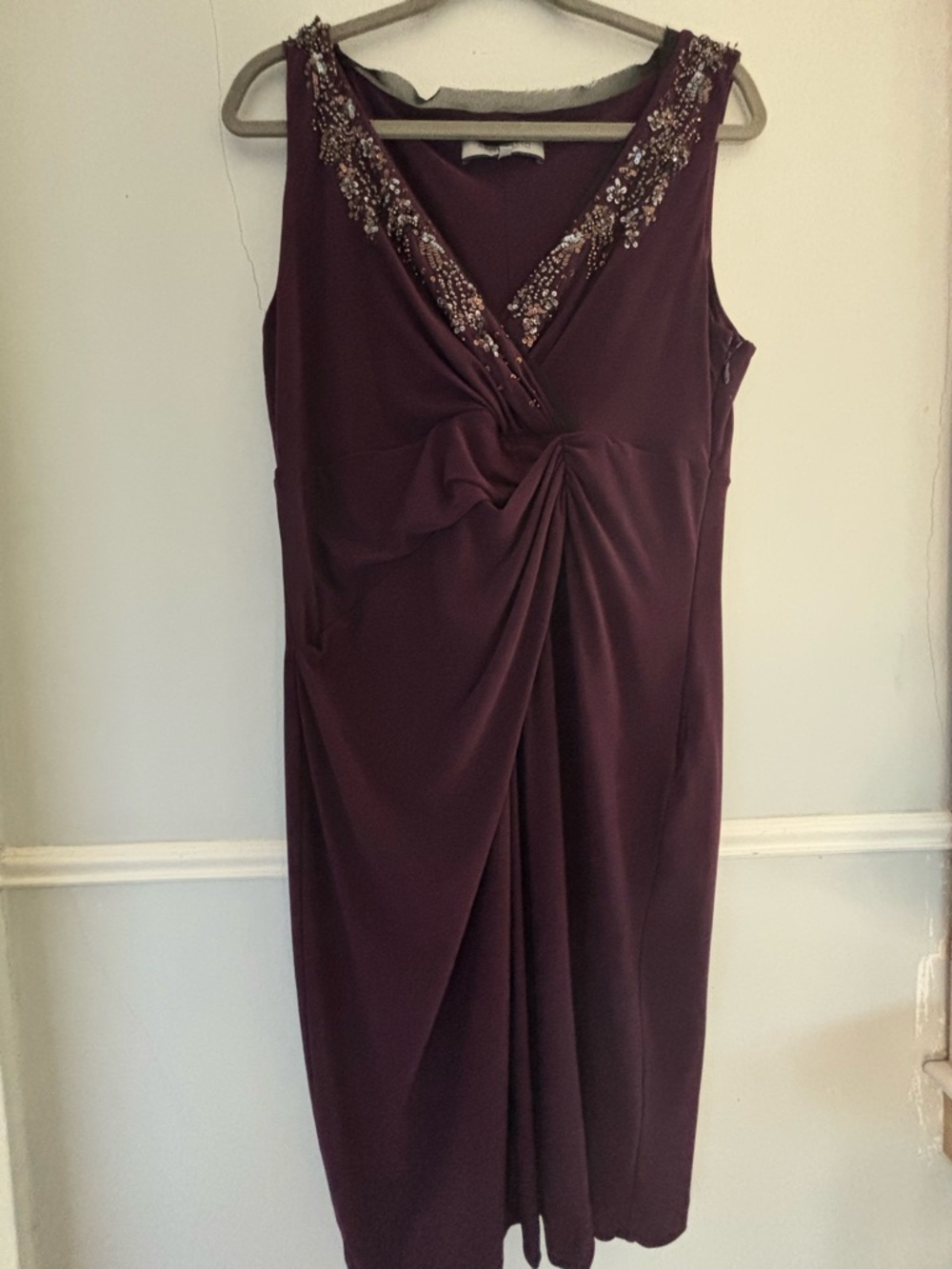 Anne Klein Plum Sleeveless Midi Dress with Beaded V-Neck